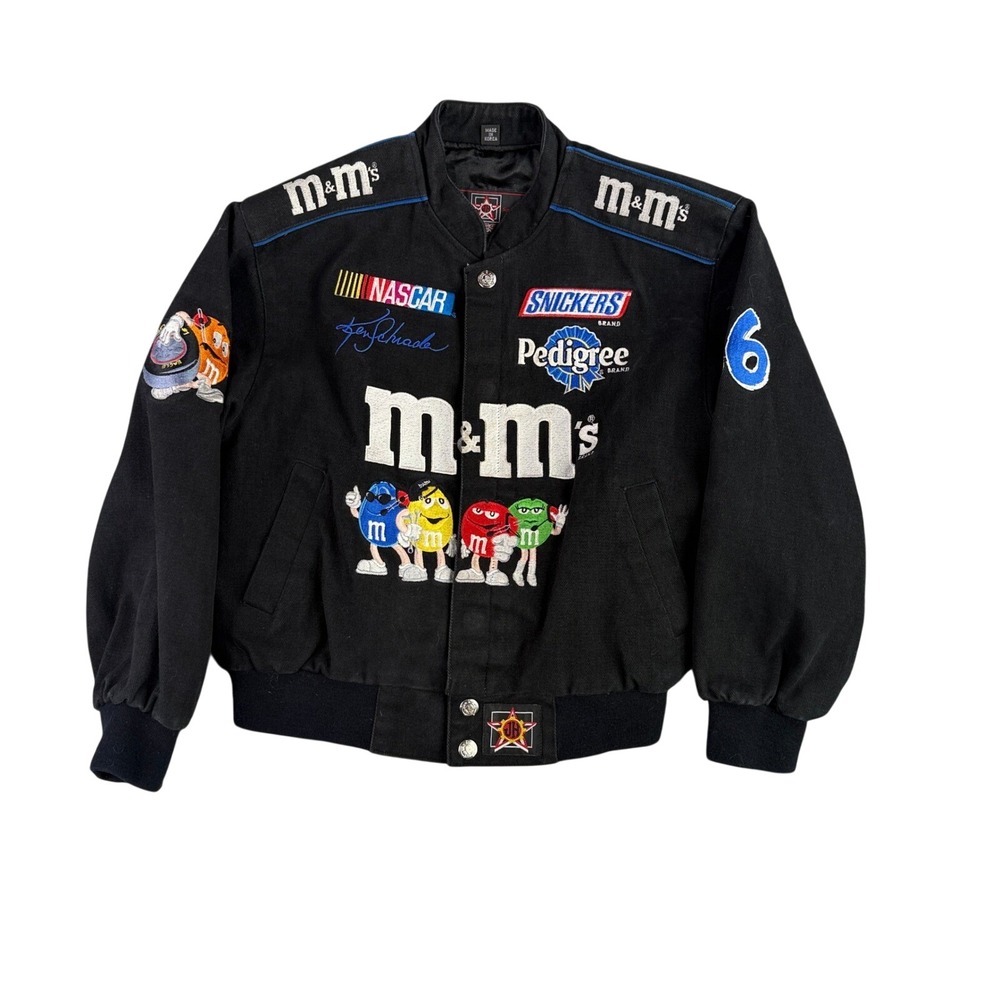 JH Design Racing Jacket Boys Kids Large Black M&M's NASCAR Ken Schrader 36 Snaps